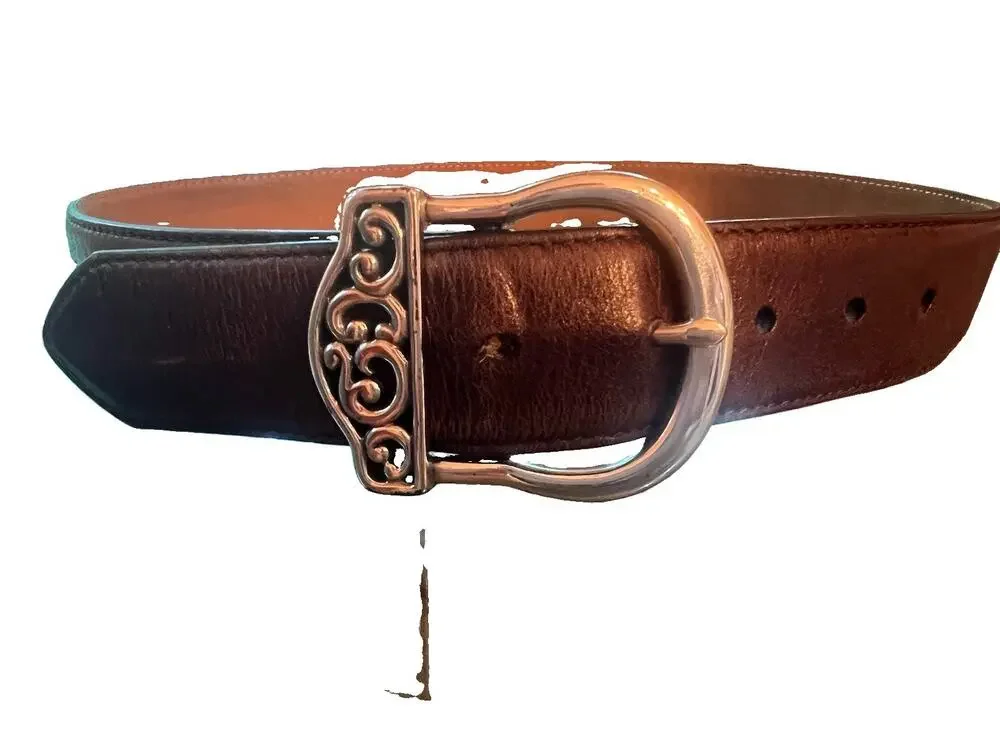 Brighton Brown Leather Belt M 30 Ornate Silver Scroll Buckle Vintage